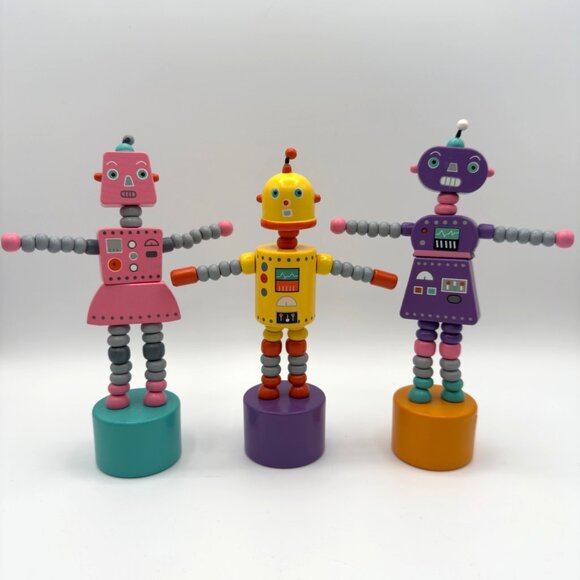 Vintage Lot Wooden Push Puppet Toy Robot Retro Articulated Figure Collectible - Picture 1 of 13